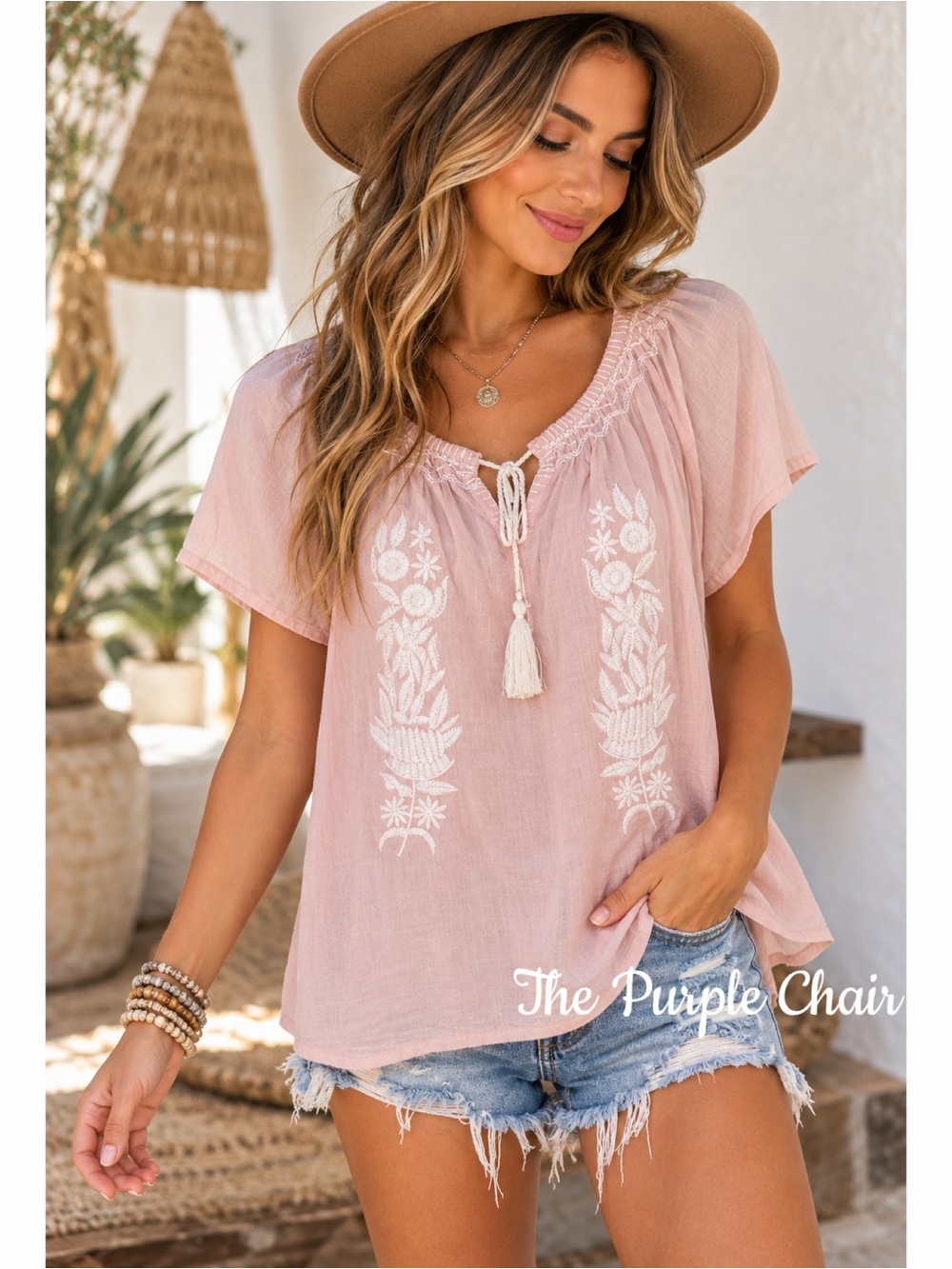 TALBOTS NWT Pink Embroidered Flutter Sleeve Cotton Top MP